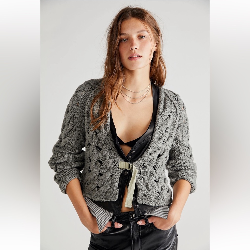 Free People Gray Frances Cardi Chunky Knit Metal Clasp Cardigan, Size XS